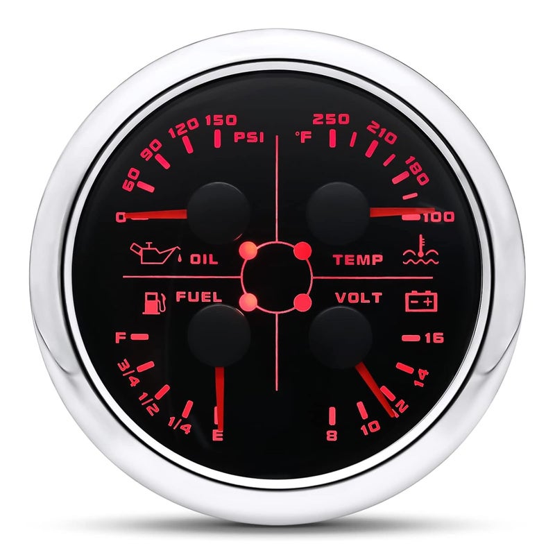 ARTILAURA عداد AUTO 4 في 1 متعدد الوظائف - ضغط الزيت / درجة حرارة الماء / مستوى الوقود / مقياس الفولت 85 مم 3 3/8" عداد سيارات وقوارب (أسود وفضي) - Image 1